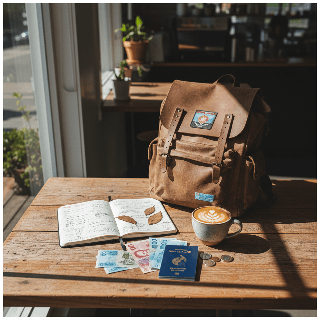 Travel planning essentials on café table