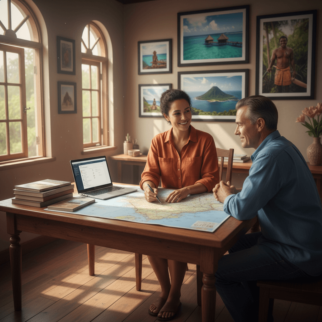 Travel agent consulting with customer about Pacific Island destinations